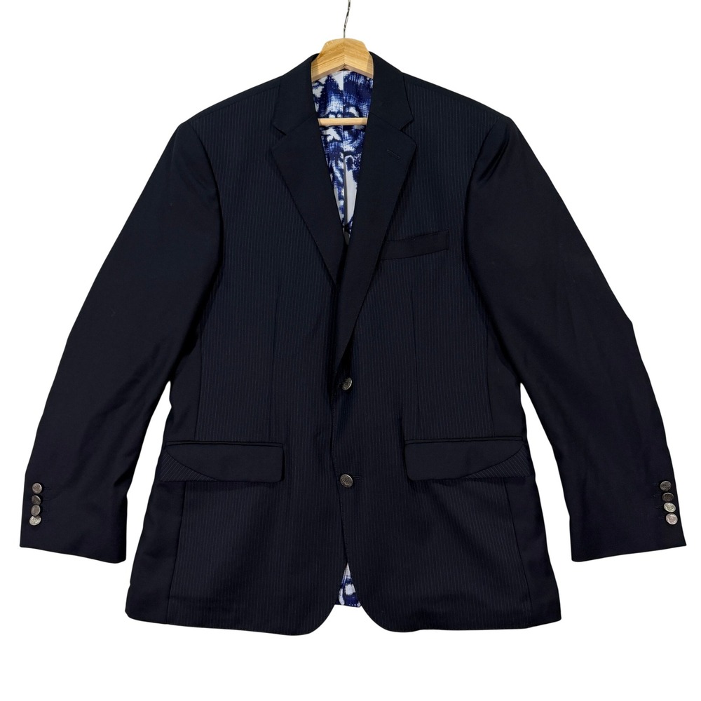 Robert Graham Men 42R Blazer Jacket Navy Wool Pinstripe Floral Lining Sport Coat